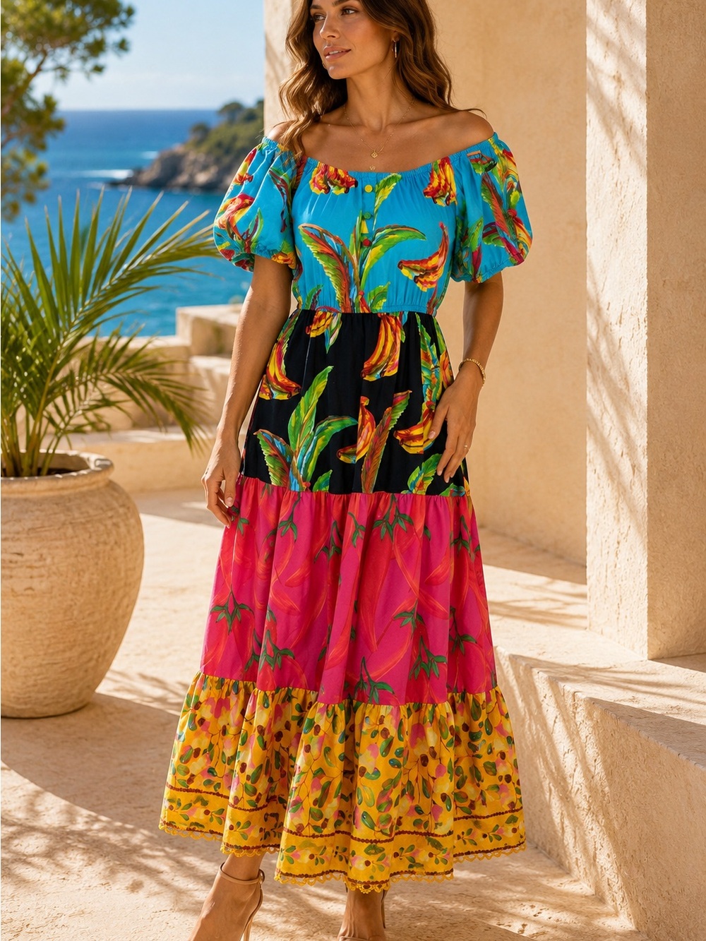 FARM Rio Tropical Banana Print Off Shoulder Tiered Maxi Dress S